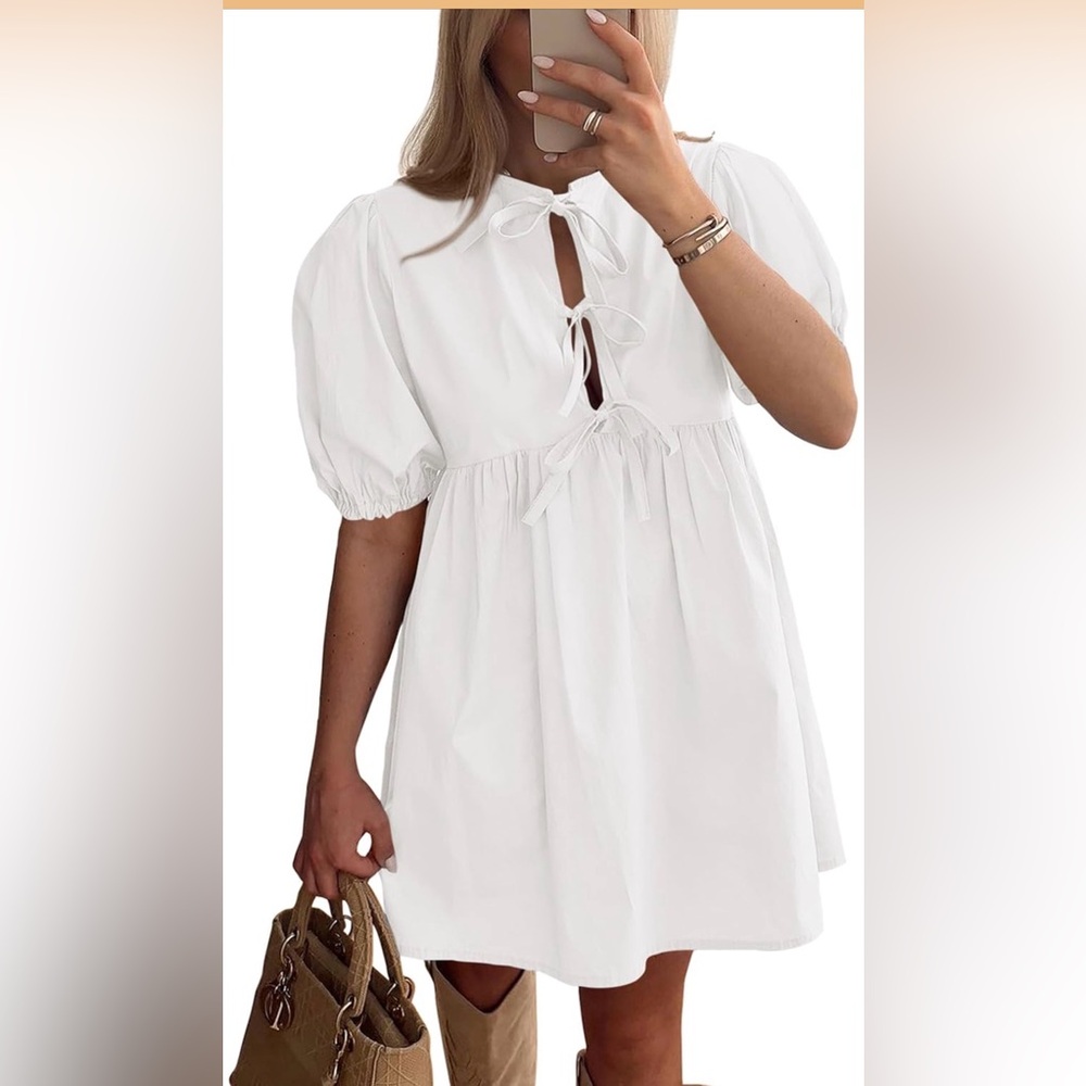 NWT Pretty Garden Women's Short Sleeve Baby Doll Dress,Bow Ties,Large in White